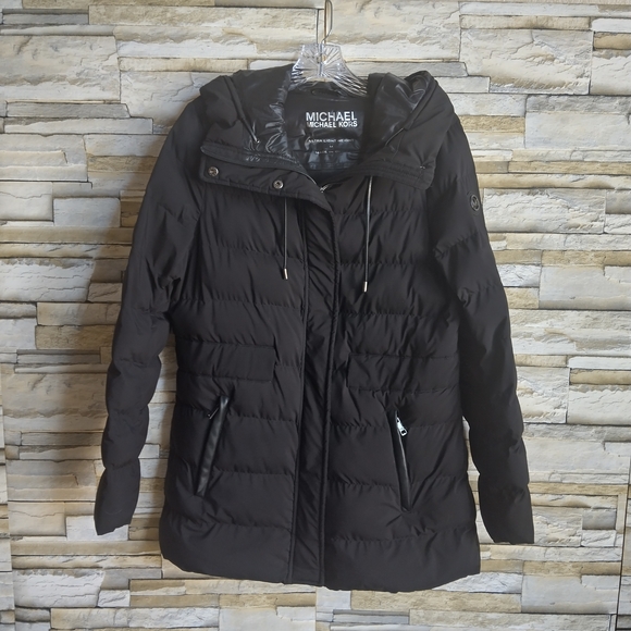Michael Kors Puffer Jacket Medium Black Lightweight Waterproof Hooded Quilted - Picture 1 of 9